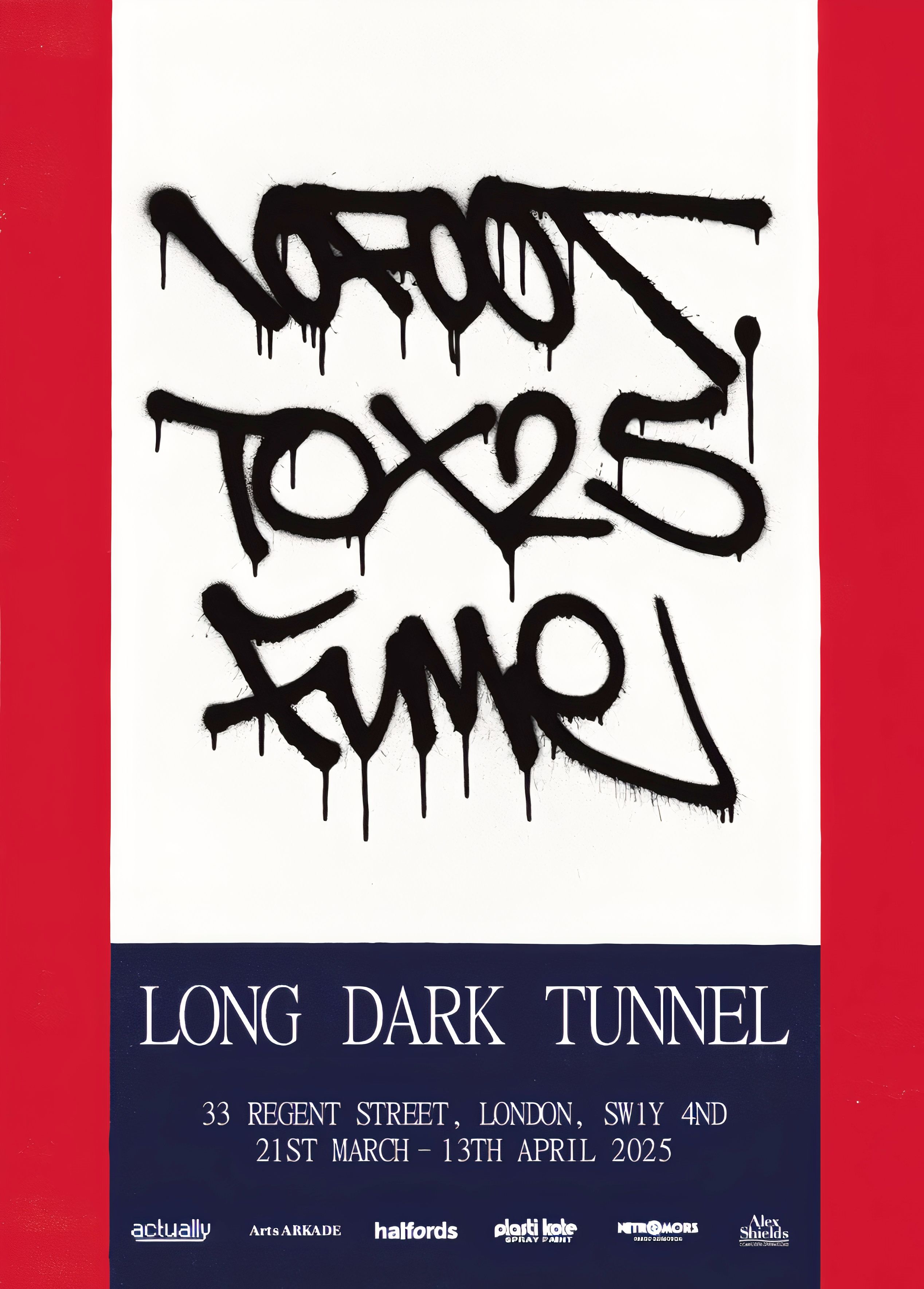 Graffiti-style poster with text on a red and blue background