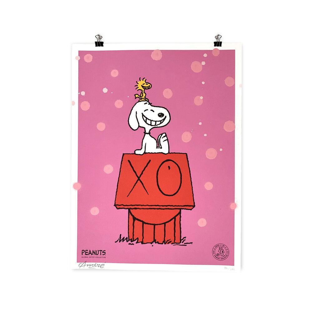 Snoopy & Woodstock on Red House (Hand Finished Pink) Print by