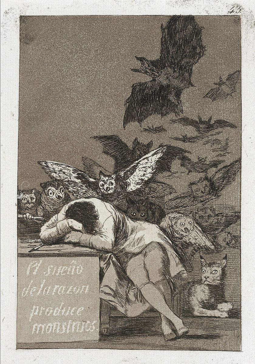 Francisco Goya, The Sleep of Reason Produces Monsters (1799). Etching and aquatint print, 15 x 21.5cm. Image from LACMA