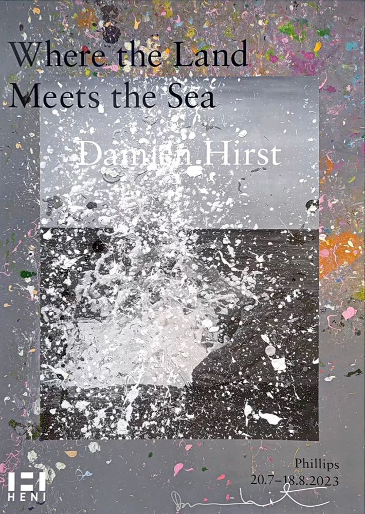Art exhibition poster for 'Where the Land Meets the Sea' by Damien Hirst with abstract design and text.