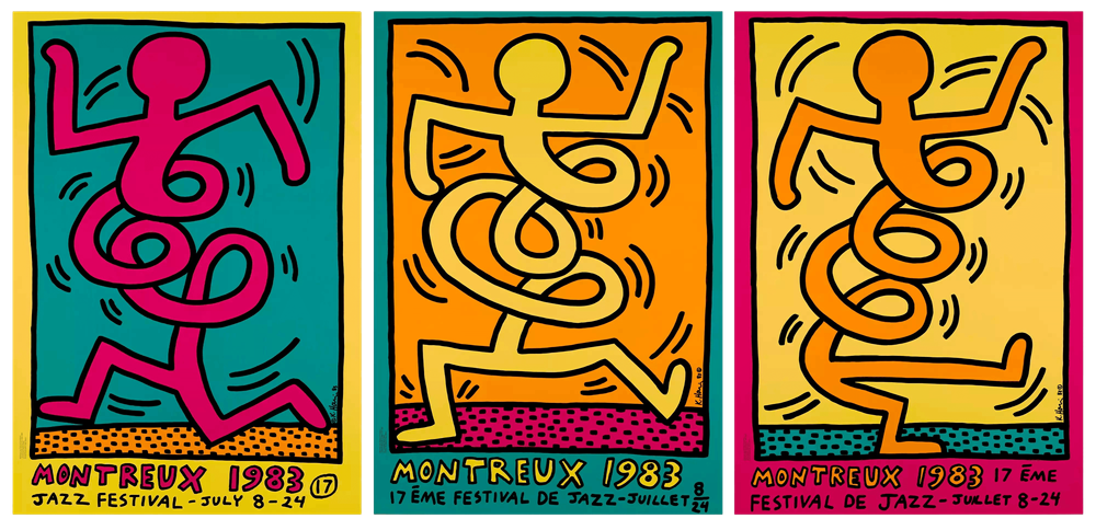 Three colorful posters featuring abstract dancing figures with 'Montreux 1983' text.