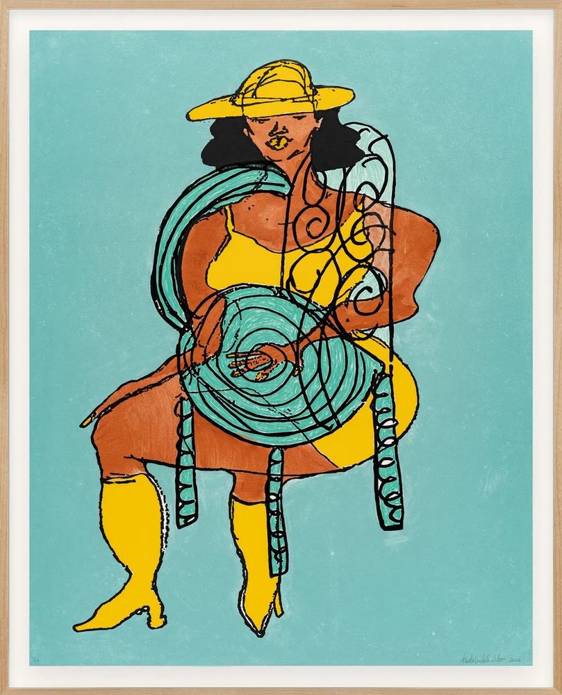 Lady in Yellow on Spiral Seat #2 Teal Background Print by