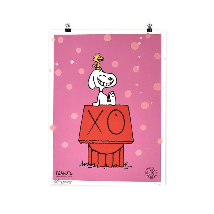 Snoopy & Woodstock on Red House (Hand Finished Pink) Print by