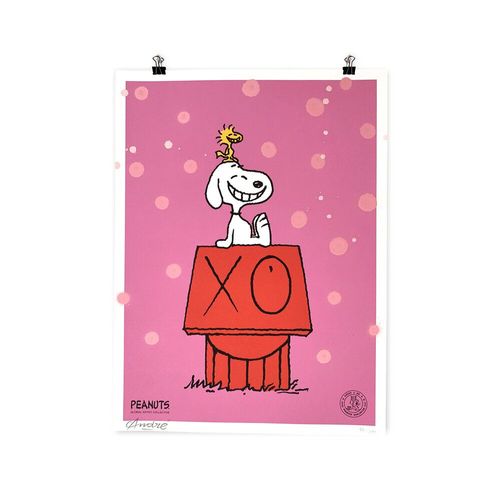 【額装付き】当選品Andre Saraiva × SNOOPY Snoopy & Woodstock on Red House (Hand Finished Pink) Print by
