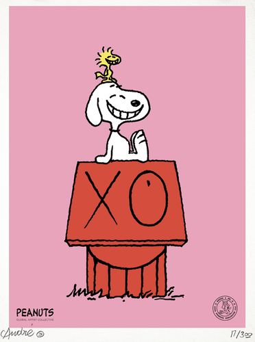 【額装付き】当選品Andre Saraiva × SNOOPY Snoopy & Woodstock on Red House (Pink) Print by André Saraiva